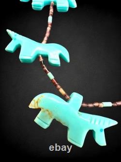 Vintage Native American Zuni Turquoise Horse Fetish Necklace Heishi Beads 925