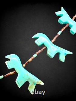 Vintage Native American Zuni Turquoise Horse Fetish Necklace Heishi Beads 925