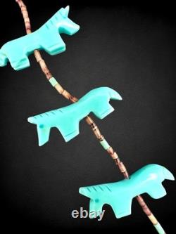 Vintage Native American Zuni Turquoise Horse Fetish Necklace Heishi Beads 925