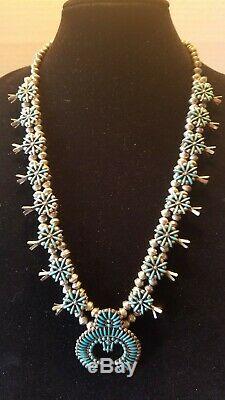 Vintage Native American Zuni Turquoise Silver Squash Blossom Necklace 104.7G