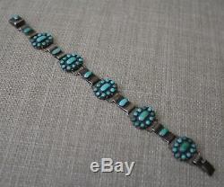 Vintage Native American Zuni Turquoise Sterling Silver Cluster Link Bracelet