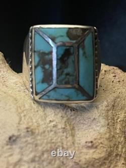 Vintage Native American turquoise channel inlay ring. Zuni, Navajo Style