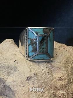 Vintage Native American turquoise channel inlay ring. Zuni, Navajo Style