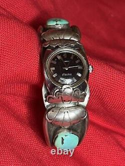 Vintage Native Heavy Gauge Sterling Silver, Turquoise Watch Cuff Band Bracelet