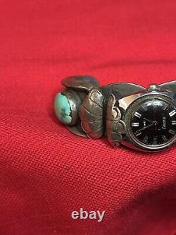 Vintage Native Heavy Gauge Sterling Silver, Turquoise Watch Cuff Band Bracelet