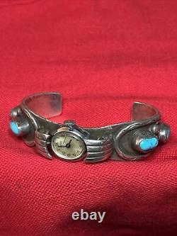 Vintage Native Heavy Sterling Silver Turquoise Watch Cuff Bracelet Signed L