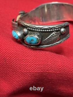 Vintage Native Heavy Sterling Silver Turquoise Watch Cuff Bracelet Signed L