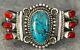 Vintage Native Navajo R C Little Turquoise Coral Sterling Silver LARGE Bracelet