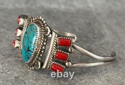 Vintage Native Navajo R C Little Turquoise Coral Sterling Silver LARGE Bracelet