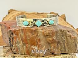 Vintage Native Navajo Stamped Sterling Silver 3 Stone Turquoise Cuff-1651.26
