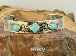 Vintage Native Navajo Stamped Sterling Silver 3 Stone Turquoise Cuff-1651.26