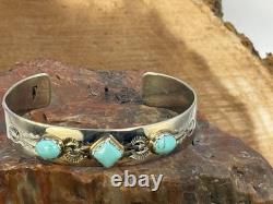 Vintage Native Navajo Stamped Sterling Silver 3 Stone Turquoise Cuff-1651.26