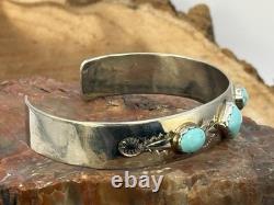 Vintage Native Navajo Stamped Sterling Silver 3 Stone Turquoise Cuff-1651.26