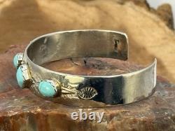 Vintage Native Navajo Stamped Sterling Silver 3 Stone Turquoise Cuff-1651.26