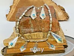 Vintage Native Navajo Sterling Bead WithTurquoise 18 Necklace & Earrings-1650.26