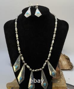 Vintage Native Navajo Sterling Bead WithTurquoise 18 Necklace & Earrings-1650.26