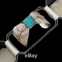 Vintage Native Navajo Sterling Silver #8 Turquoise Acoya Feather Cuff Bracelet