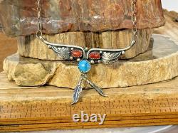 Vintage Native Navajo Sterling Silver Turquoise Coral Pendant/Necklace-1177.26
