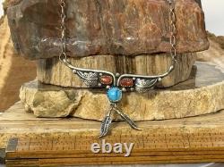 Vintage Native Navajo Sterling Silver Turquoise Coral Pendant/Necklace-1177.26