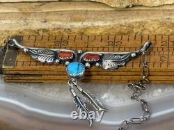 Vintage Native Navajo Sterling Silver Turquoise Coral Pendant/Necklace-1177.26