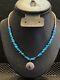 Vintage Native Turquoise Shell Stone Heishi Lapis Beaded Silver Pendant Necklace