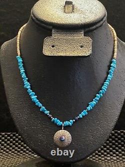 Vintage Native Turquoise Shell Stone Heishi Lapis Beaded Silver Pendant Necklace