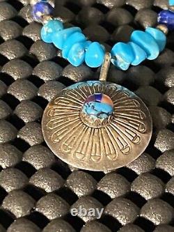 Vintage Native Turquoise Shell Stone Heishi Lapis Beaded Silver Pendant Necklace
