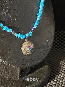 Vintage Native Turquoise Shell Stone Heishi Lapis Beaded Silver Pendant Necklace
