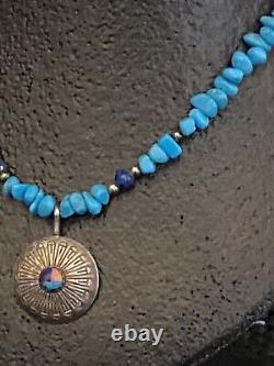 Vintage Native Turquoise Shell Stone Heishi Lapis Beaded Silver Pendant Necklace
