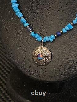 Vintage Native Turquoise Shell Stone Heishi Lapis Beaded Silver Pendant Necklace