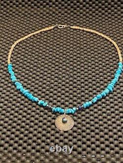 Vintage Native Turquoise Shell Stone Heishi Lapis Beaded Silver Pendant Necklace