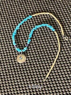Vintage Native Turquoise Shell Stone Heishi Lapis Beaded Silver Pendant Necklace