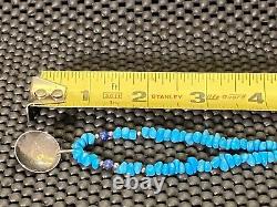 Vintage Native Turquoise Shell Stone Heishi Lapis Beaded Silver Pendant Necklace