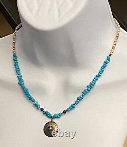 Vintage Native Turquoise Shell Stone Heishi Lapis Beaded Silver Pendant Necklace