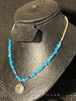 Vintage Native Turquoise Shell Stone Heishi Lapis Beaded Silver Pendant Necklace