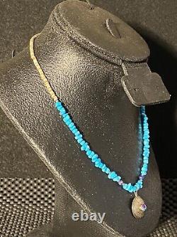 Vintage Native Turquoise Shell Stone Heishi Lapis Beaded Silver Pendant Necklace