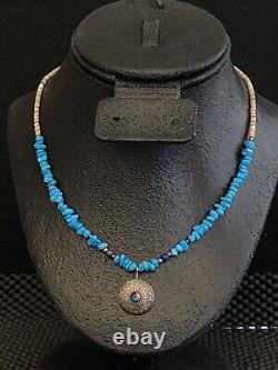 Vintage Native Turquoise Shell Stone Heishi Lapis Beaded Silver Pendant Necklace