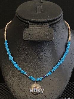 Vintage Native Turquoise Shell Stone Heishi Lapis Beaded Silver Pendant Necklace