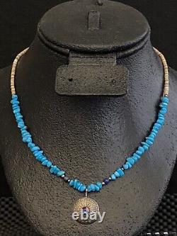 Vintage Native Turquoise Shell Stone Heishi Lapis Beaded Silver Pendant Necklace