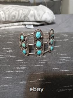 Vintage Navaho Kingman Tourquoise Cuff Bracelet. Marked Sterling Silver Cir 1970