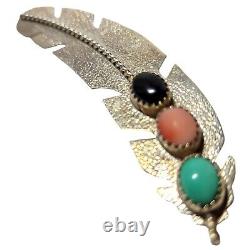 Vintage Navaho Sterling Silver Feather Brooch by Native American Artist W Begay