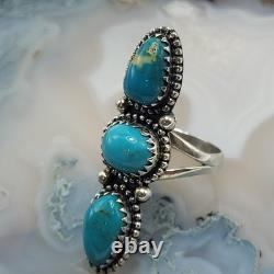 Vintage Navajo 3 Stone Blue Turquoise Long Ring Finger Sterling Silver 925 SZ 8