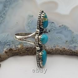 Vintage Navajo 3 Stone Blue Turquoise Long Ring Finger Sterling Silver 925 SZ 8