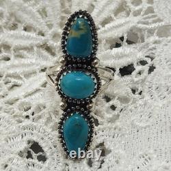 Vintage Navajo 3 Stone Blue Turquoise Long Ring Finger Sterling Silver 925 SZ 8