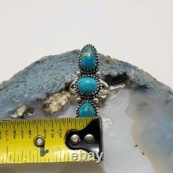 Vintage Navajo 3 Stone Blue Turquoise Long Ring Finger Sterling Silver 925 SZ 8
