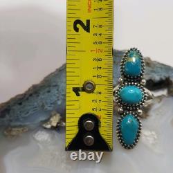Vintage Navajo 3 Stone Blue Turquoise Long Ring Finger Sterling Silver 925 SZ 8