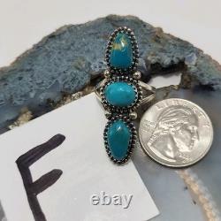 Vintage Navajo 3 Stone Blue Turquoise Long Ring Finger Sterling Silver 925 SZ 8