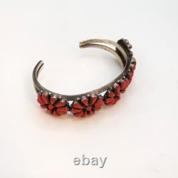 Vintage Navajo 5 Coral Clusters Silver 925 Bracelet Native American