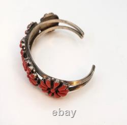 Vintage Navajo 5 Coral Clusters Silver 925 Bracelet Native American