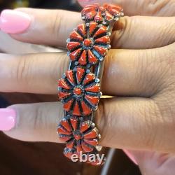 Vintage Navajo 5 Coral Clusters Silver 925 Bracelet Native American